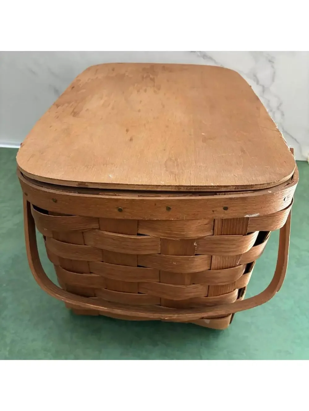 Vintage Basketville Putney Vermont Woven Wood Splint Picnic Basket With Lid